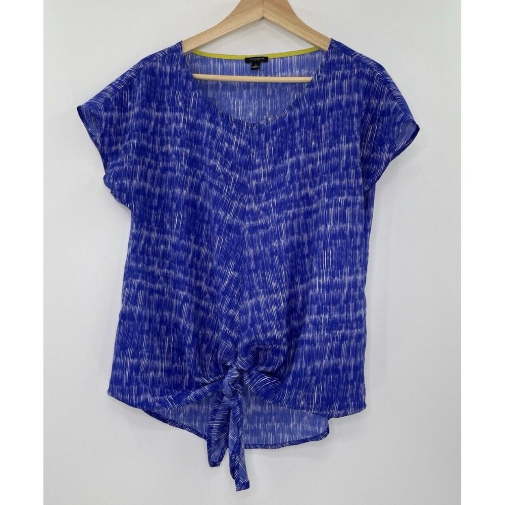 Ann Taylor Women’s Royal Blue Geometric Chiffon Short Sleeve Blouse Tie Front Sm